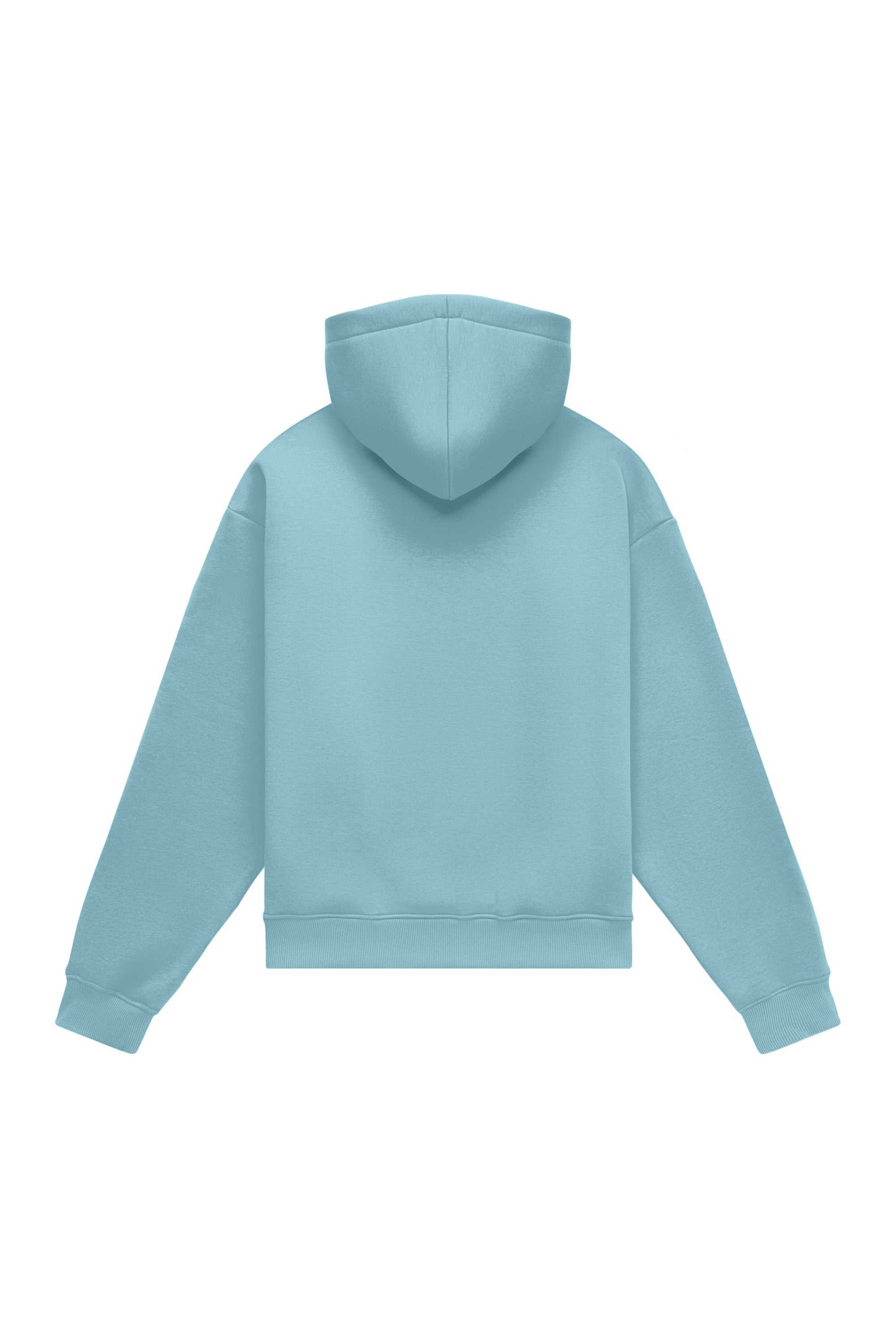 Oversize light blue hoodie with certified fabric, ideal for printing, made in Poland