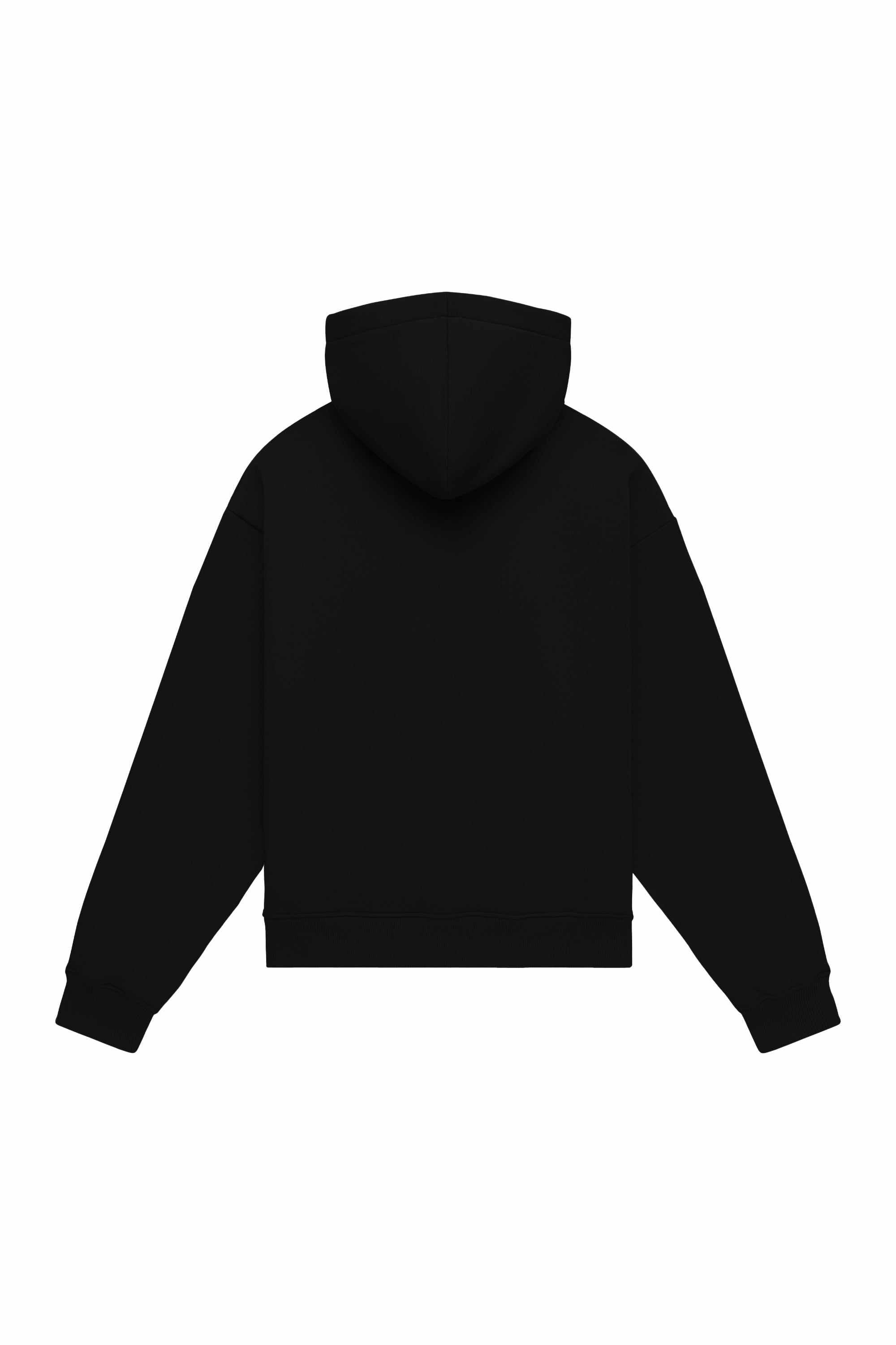 Black oversized hoodie with quality-certified fabric, ideal for printing, made in Poland