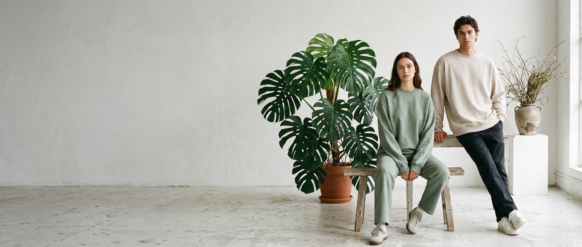 Kobieta i mężczyzna w bluzach crewneck oversize BRANDME w kolorach szałwiowym i kremowym – nowa bluza crewneck szyta w Polsce